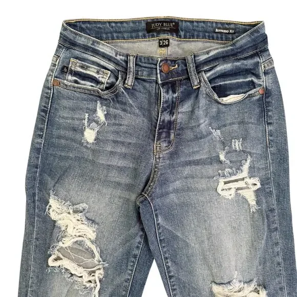 Judy Blue Jeans Womens 3 26 Boyfriend Fit Distressed Ripped Medium Wash Denim - Picture 2 of 16